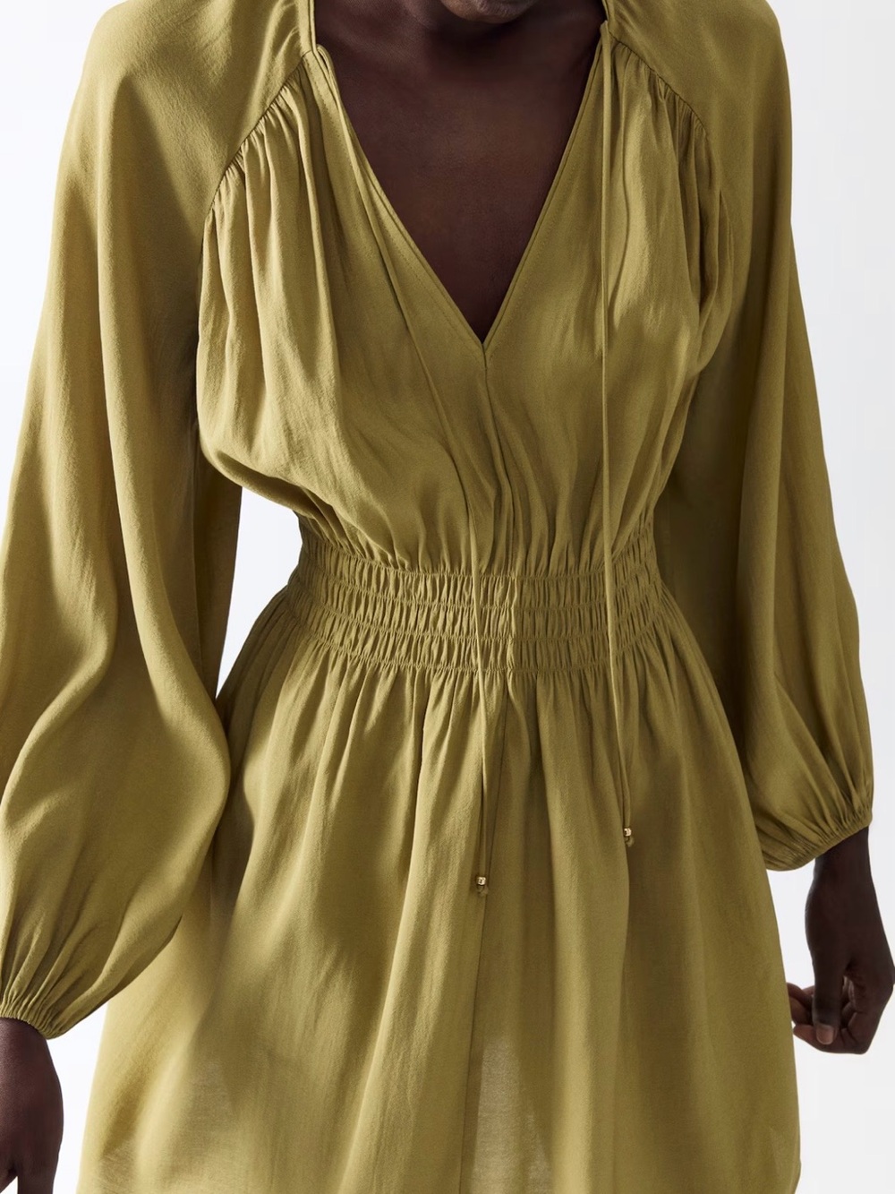 H&M Olive Long Sleeve Smocked-Waist Dress